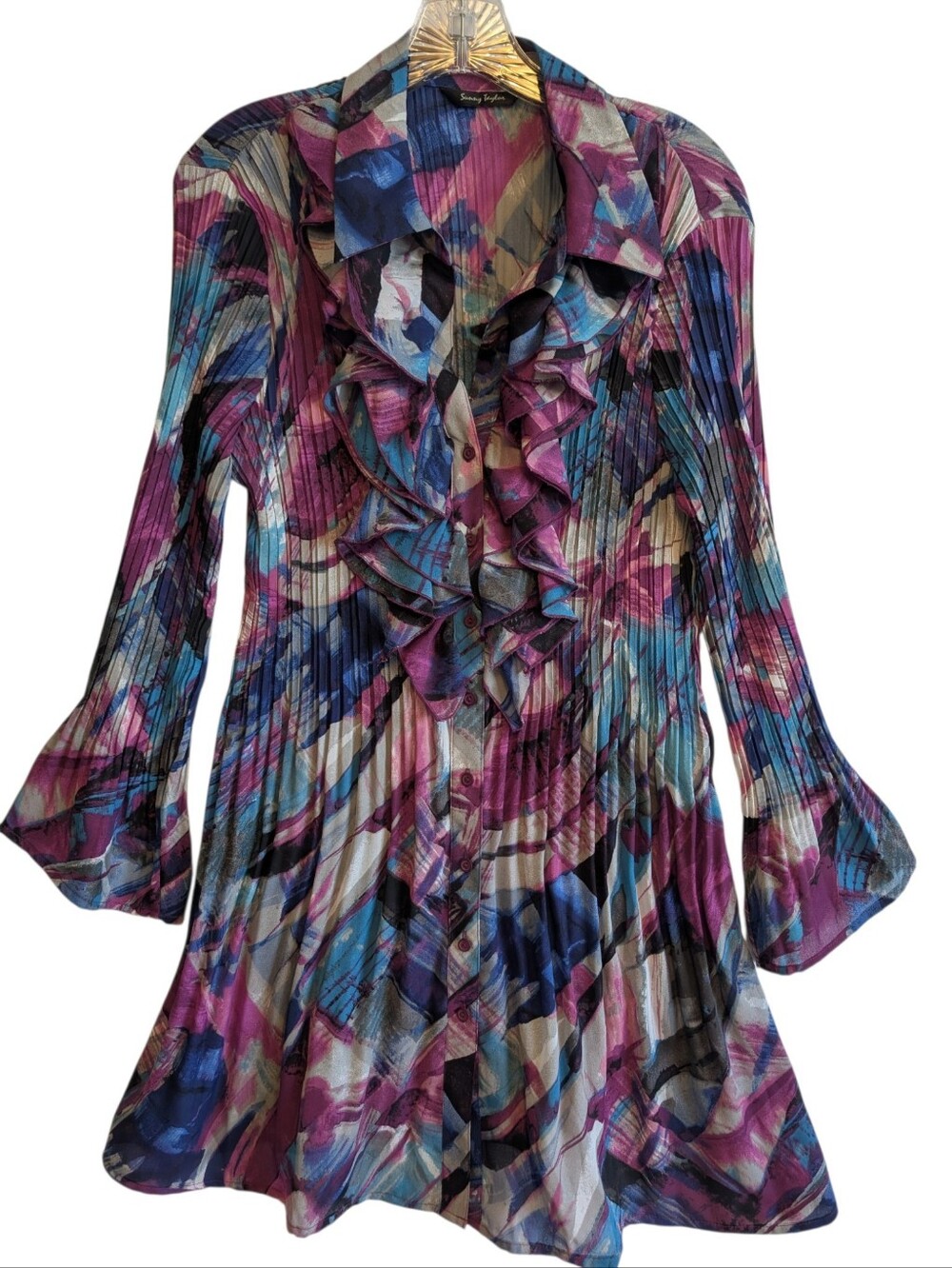 Sunny Taylor Pleated Ruffle Button Down Mini Dress Colorful Poet Fairy